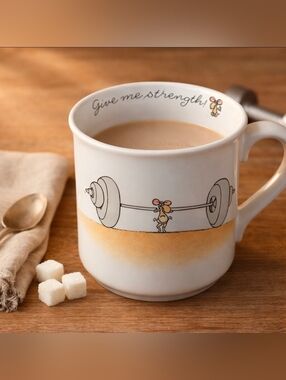 Give Me Strength! Vintage 1985 Hallmark Rim Shots Mouse Weightlifting Mug Funny